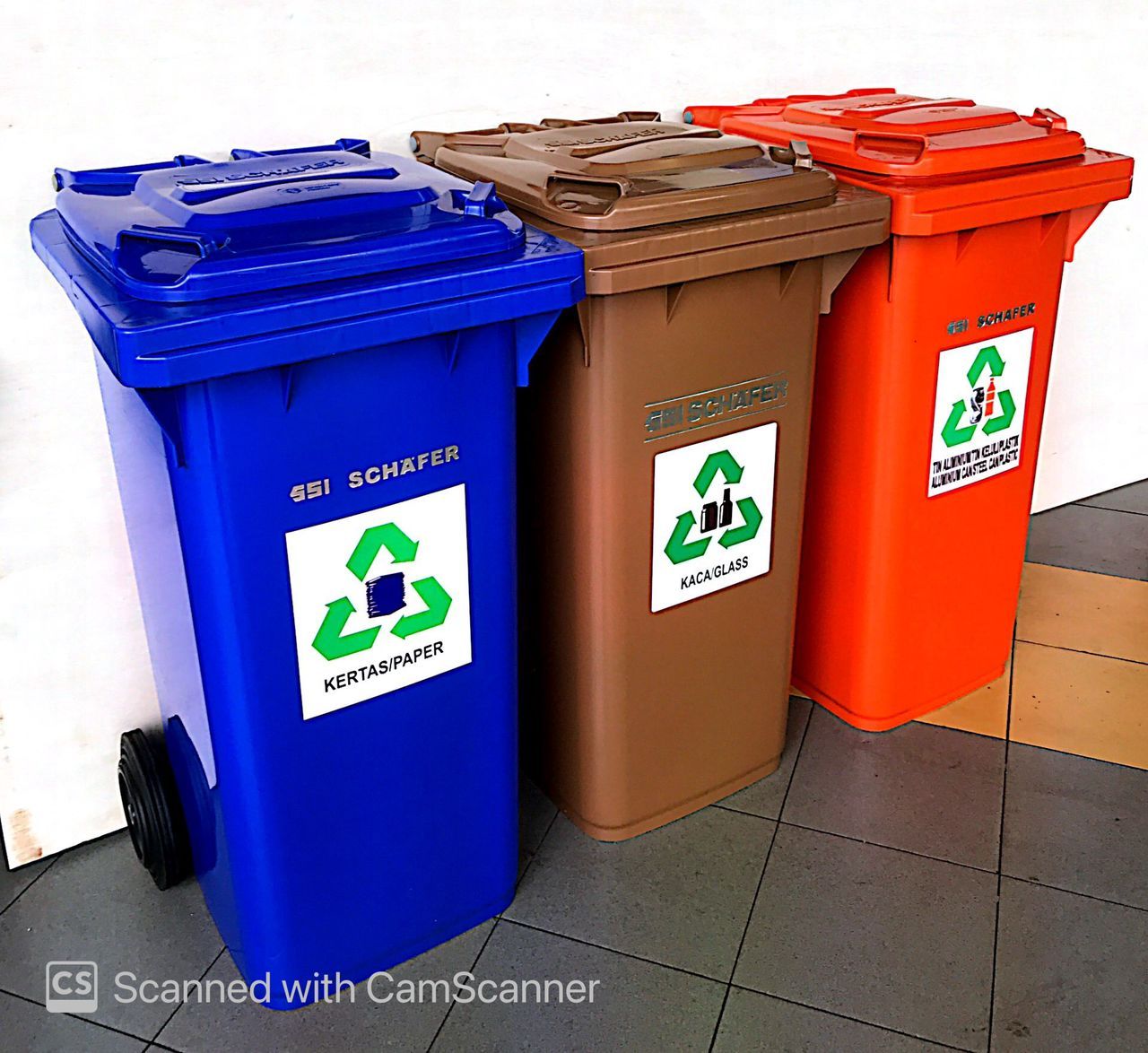 SCHAEFER *SCHAEFER Recycle Mobile Garbage Bin 120L BLUE/BROWN/ORANGE (3 BIN SET)