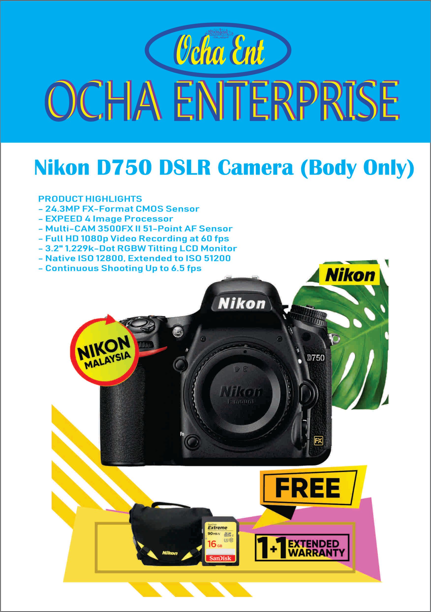 Nikon D750 DSLR Camera (Body Only) + free Bag Nikon DSLR + Scandisk 16 Gb Card