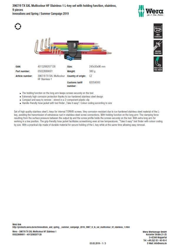 WERA *Wera 022689 9 Piece L Shape Long arm Torx Key Set