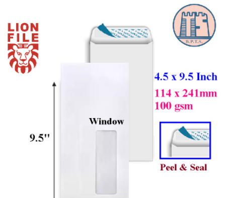 4.5" x 9.5" White Window Envelope / Sampul Surat Putih 4.5 x 9.5 Inch / 114 x 241mm 100gsm (Peel & Seal) 20pcs/pkt