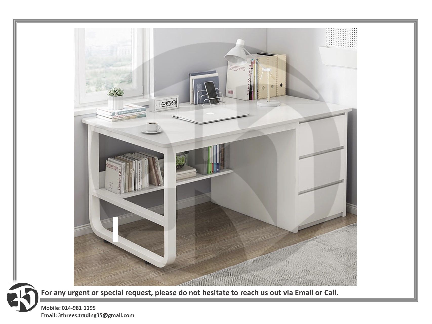 Modern Office Desk / Study Table with Attached Cabinet (L100cm x W50cm x H74.5cm)