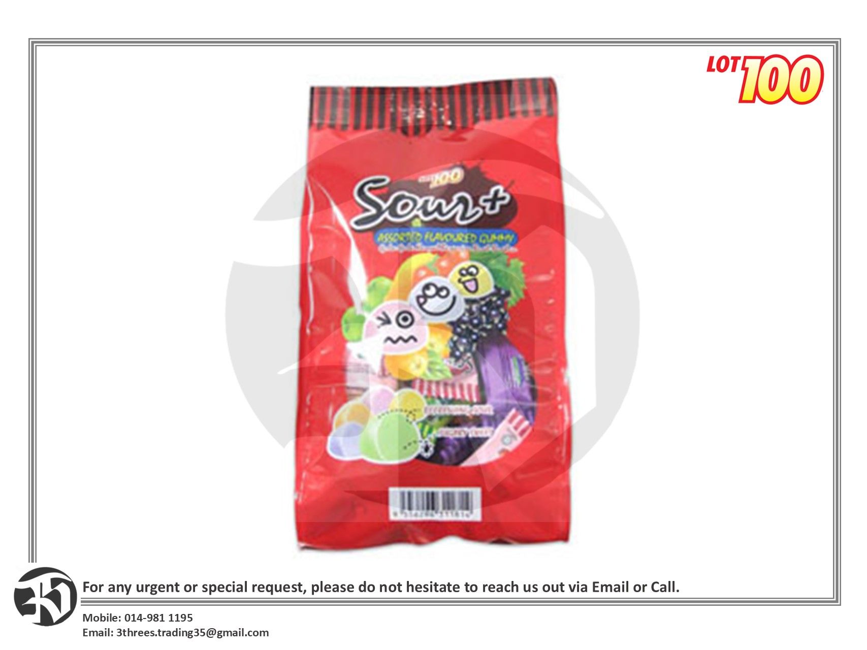 Lot 100 Sour+ Assorted Flavoured Gummy Candy 580g