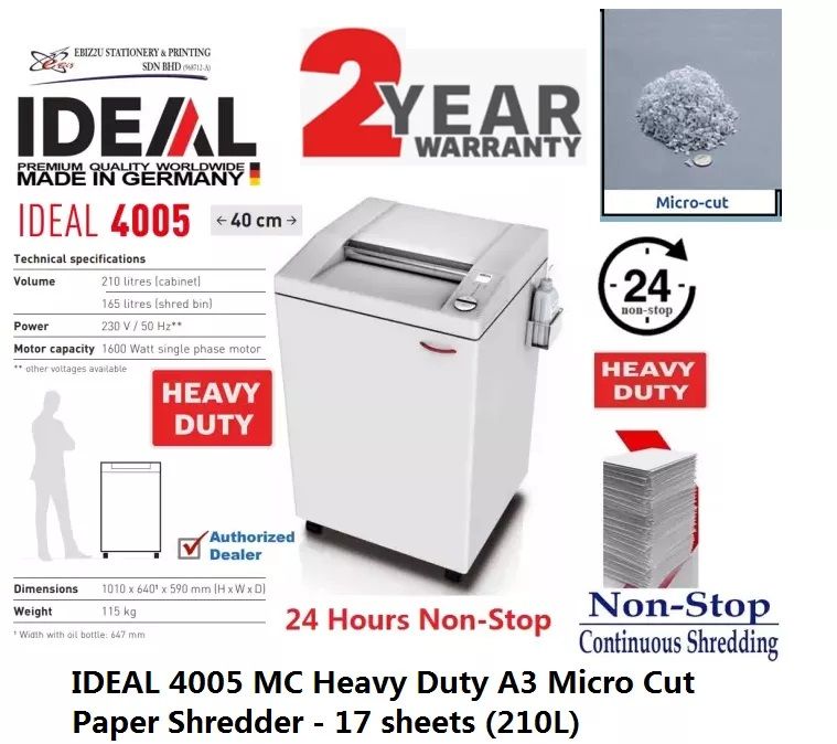 IDEAL 4005 MC Heavy Duty A3 Micro Cut Paper Shredder - 17 sheets (210L) (Non Stop Paper Shredder, Shredder Machine, A3 Paper Shredder, Office Shredder, Mesin Penghancur Kertas, Heavy Duty Shredder, Heavy Duty Paper Shredder)