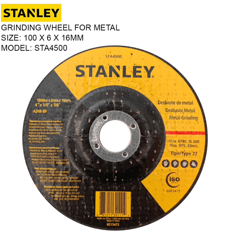 STANLEY GRINDER METAL GRINDING WHEEL STA4500 (100MM X 6MM X 16MM)