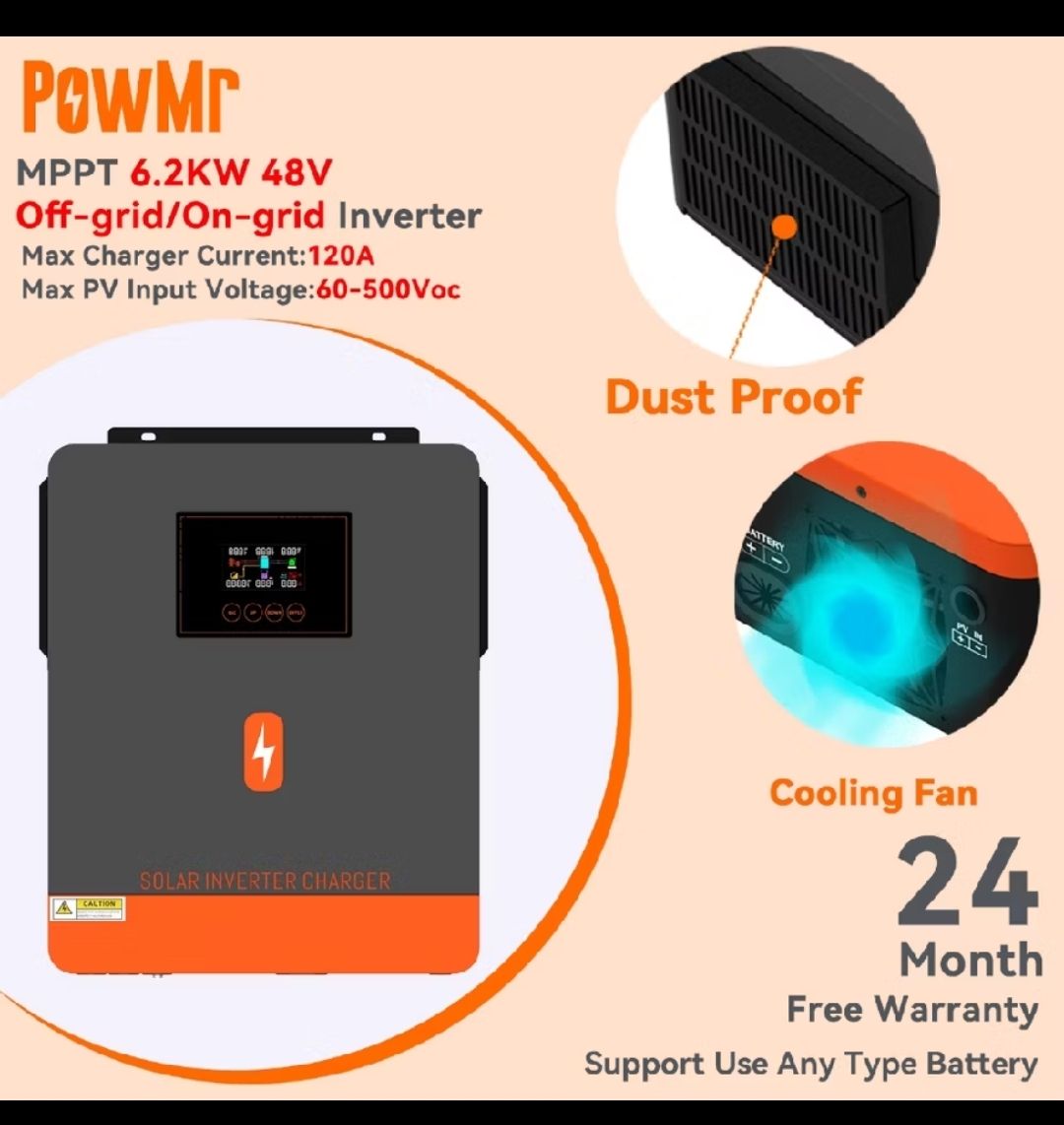 PowMr 6.2KW 48V Off-Grid/On-Grid Hybrid Solar Inverter.