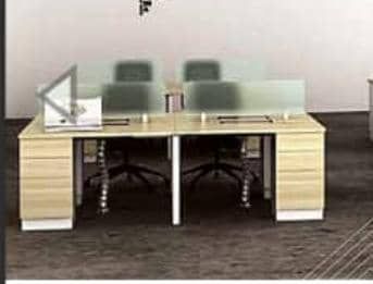 Work station cluster of 4 (1 set) c/w polycarbonate panel, flipper wire box 4 (holes), sliding door carbinet, rectangular work top