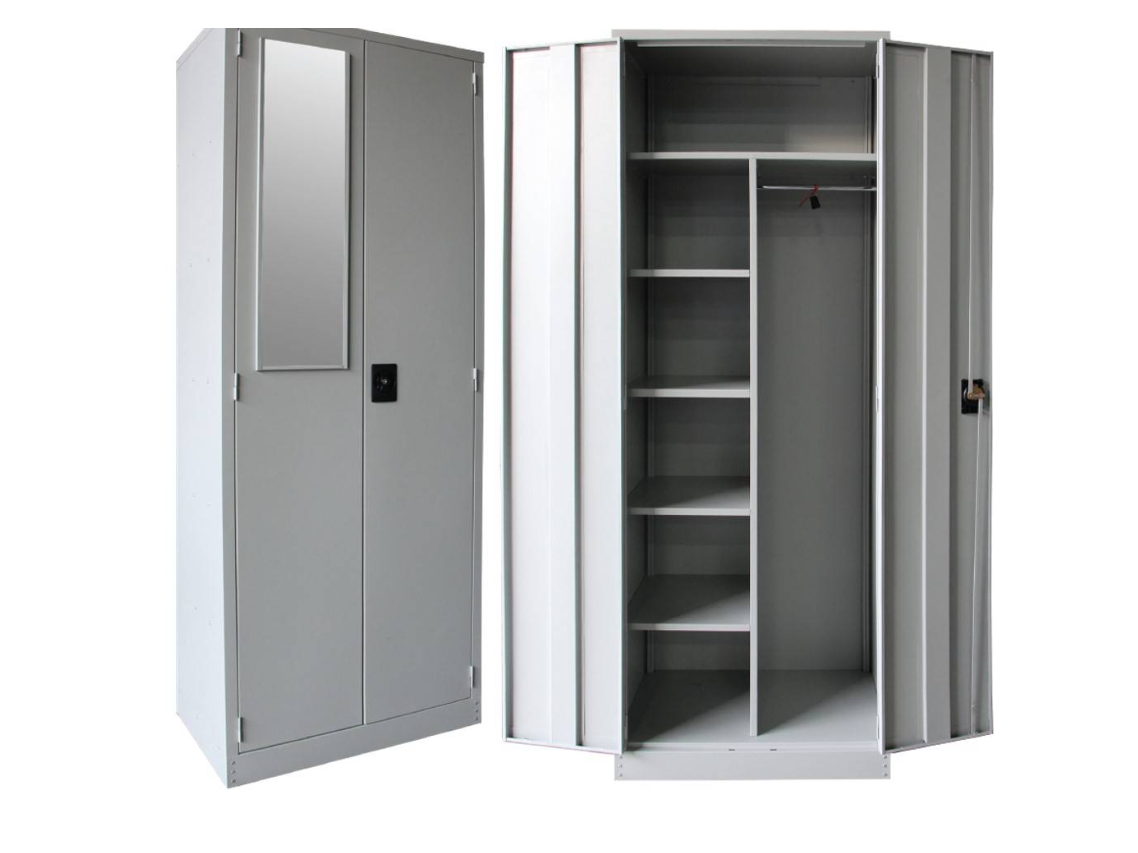 STERLING FULL HEIGHT WARDROBE WITH STEEL SWINGING DOOR C/W 1 MIRROR & CUPBOARD LOCK, 1 TOP SHELF, 1 DIVIDER, 4 SMALL FIXED SHELF & 1 CLOTH HANGING BAR (SCM-0001)