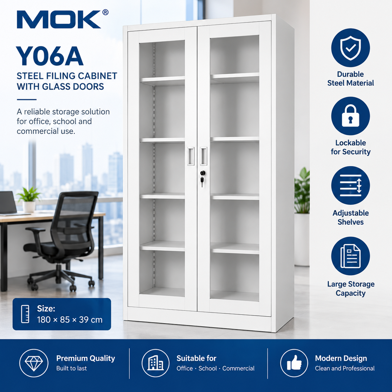 MOK Premium Lockable Steel Filing Cabinet with Glass Doors – 180×85×39cm Premium Lockable Steel Filing Cabinet with Glass Doors – 180×85×39cm