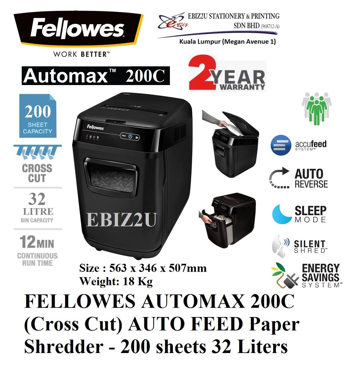 FELLOWES AUTOMAX 200C (Cross Cut) AUTO FEED Paper Shredder - 200 sheets 32 Liters ( Cross Cut, Paper Shredder, Shredder Machine, Office Shredder, Heavy Duty Shredder, Mesin Penghancur Kertas)
