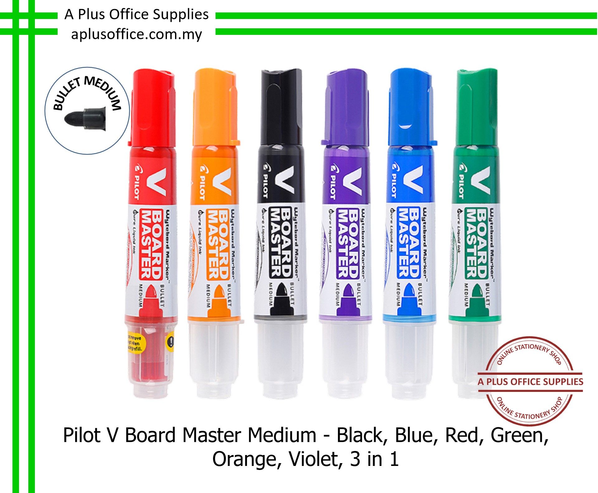 PILOT V Board Master Whiteboard Marker / Marker Papan Putih - Black, Blue, Red, Green, Orange, Violet, 3 in 1
