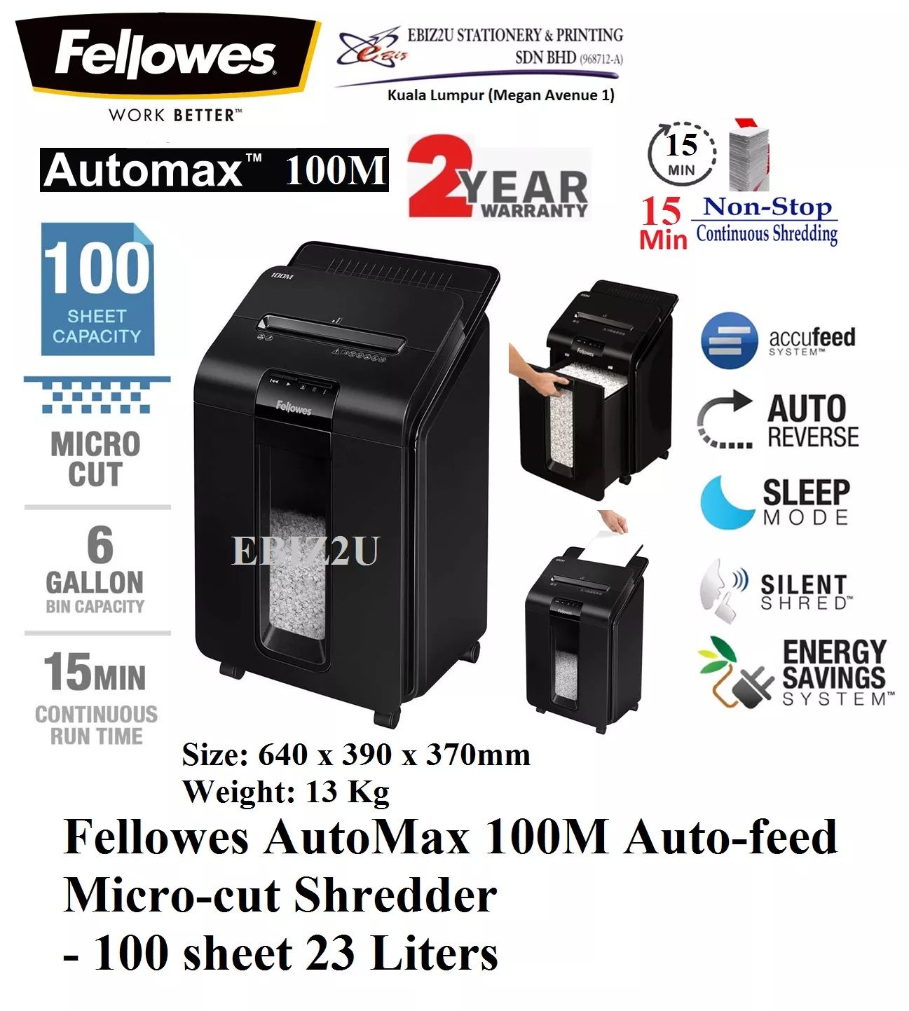 Fellowes AutoMax 100M Auto-feed Micro-cut Shredder - 2 x 10 mm 100 sheet 23 Liters (Micro Cut, Paper Shredder, Shredder Machine, Office Shredder, Heavy Duty Shredder, Mesin Penghancur Kertas)