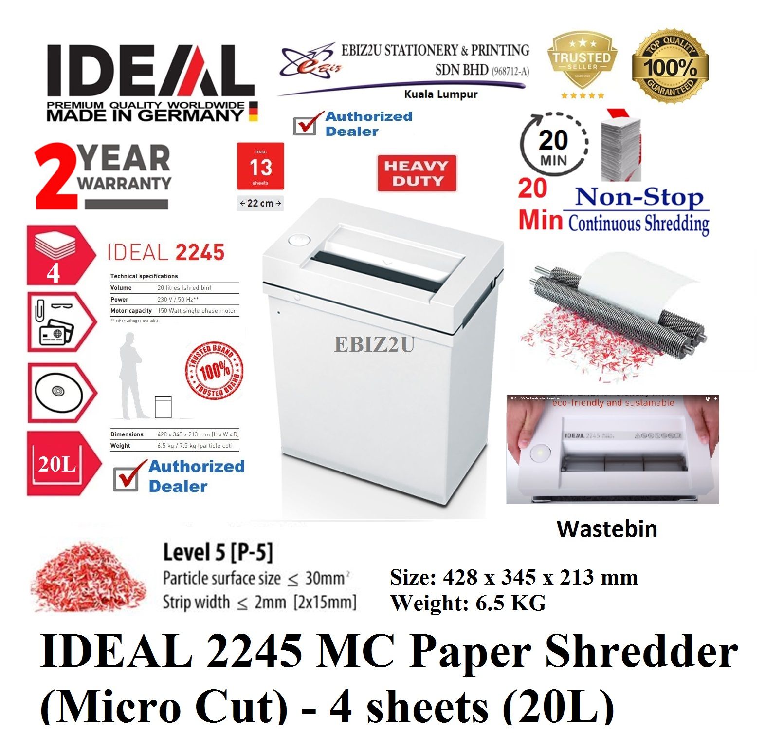 IDEAL 2245 MC Paper Shredder (Micro Cut) - 4 sheets (20L) 2 Years Warranty 2245CC, 2245MC (Micro Cut, Paper Shredder, Shredder Machine, Office Shredder, Heavy Duty Shredder, Mesin Penghancur Kertas)