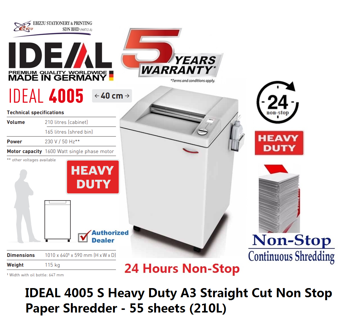 IDEAL 4005 S Heavy Duty A3 Straight Cut Non Stop Paper Shredder - 55 sheets (210L) (Non Stop Paper Shredder, Shredder Machine, A3 Paper Shredder, Office Shredder, Mesin Penghancur Kertas, Heavy Duty Shredder, Heavy Duty Paper Shredder)
