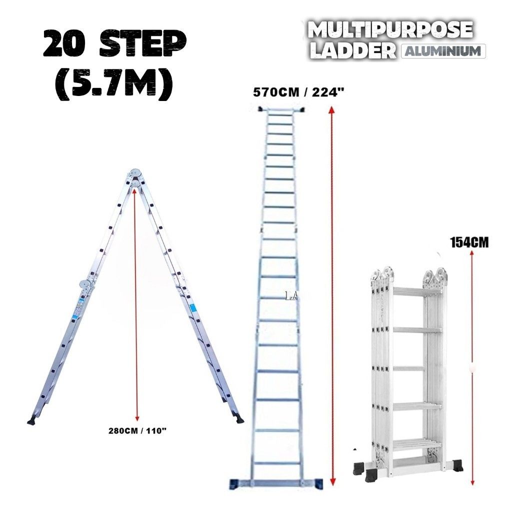 20 Step Aluminium Multipurpose Ladder Roller Folding Double Sided Ladder Tangga Lipat Aluminium Work Ladder M57ML+Roller+Rubber