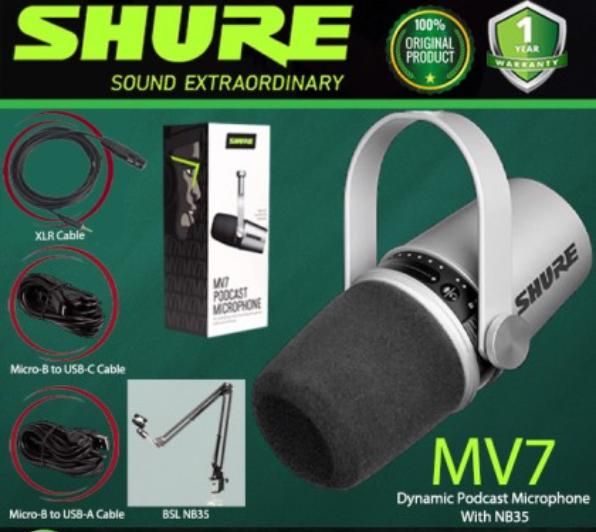 SHURE MV7 USB Dynamic Podcast Kit Microphone With XLR Output,Mic Cable And BSL NB35