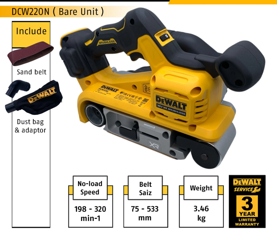 DEWALT DCW220N-XJ 18/20V BRUSHLESS CORDLESS BELT SANDER, 75MM X 533MM DCW220N ( BARE UNIT )
