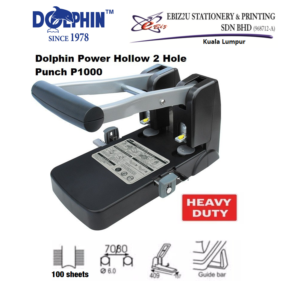 DOLPHIN P1000 POWER HOLLOW PUNCH - 100 sheets (penumbuk 2 lubang, puncher paper, 2 Hole Puncher, heavy duty puncher)