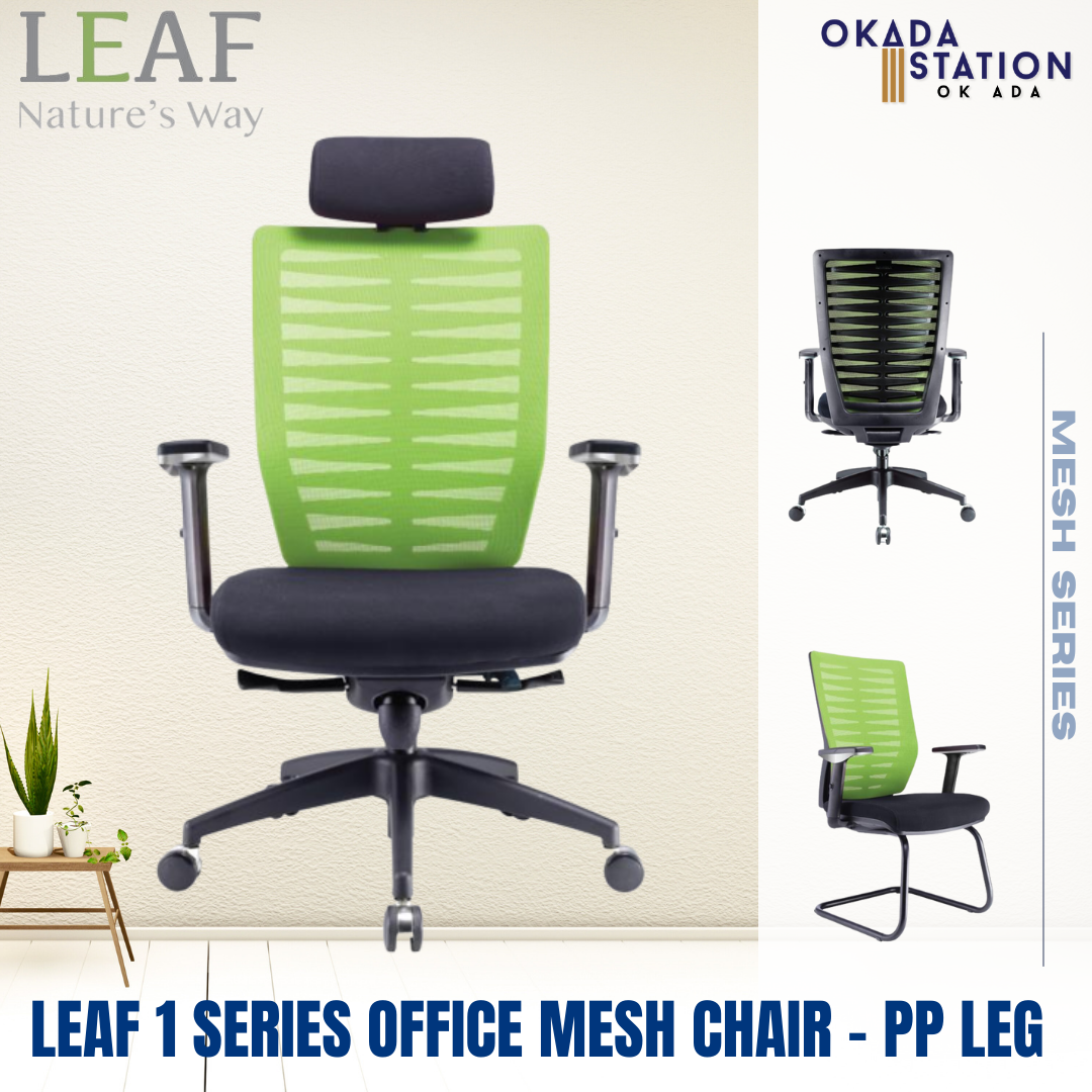 LEAF 1 ERGONOMIC OFFICE MESH CHAIR WITH NYLON LEG - BLACK LEATHER SEAT / CLASSIC CHAIR / MESH SERIES / LEAF 1 SERIES / ERGONOMIC MESH CHAIR / LEAF SERIES OFFICE CHAIR / ERGONOMIC OFFICE CHAIR / OFFICE CHAIR / MESH CHAIR / CHAIR / LEAF 1