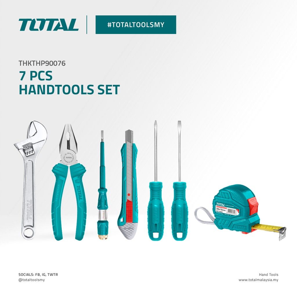TOTAL HANDTOOLS SET WITH PLIERS WRENCH SCREWDRIVER MEASURING TAPE KNIFE & TEST PEN (7 PCS) THKTHP90076