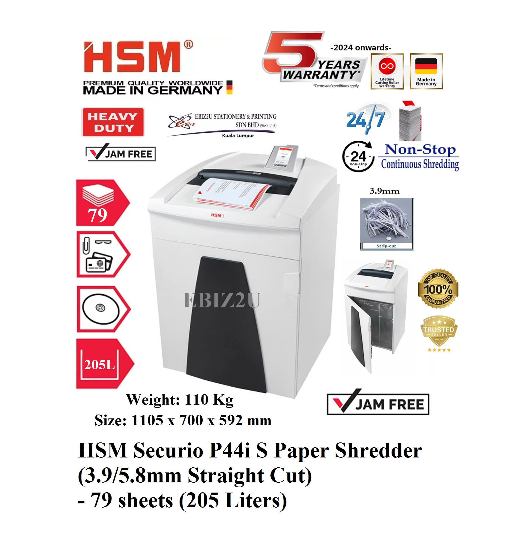 HSM Securio P44i S Paper Shredder (3.9/5.8mm Straight Cut) - 79 sheets (205 Liters) (non stop, Strip Cut, Straight Cut, A3 Paper Shredder, Shredder Machine, Office Automation, Office Shredder, Mesin Penghancur Kertas, Heavy Duty Shredder)
