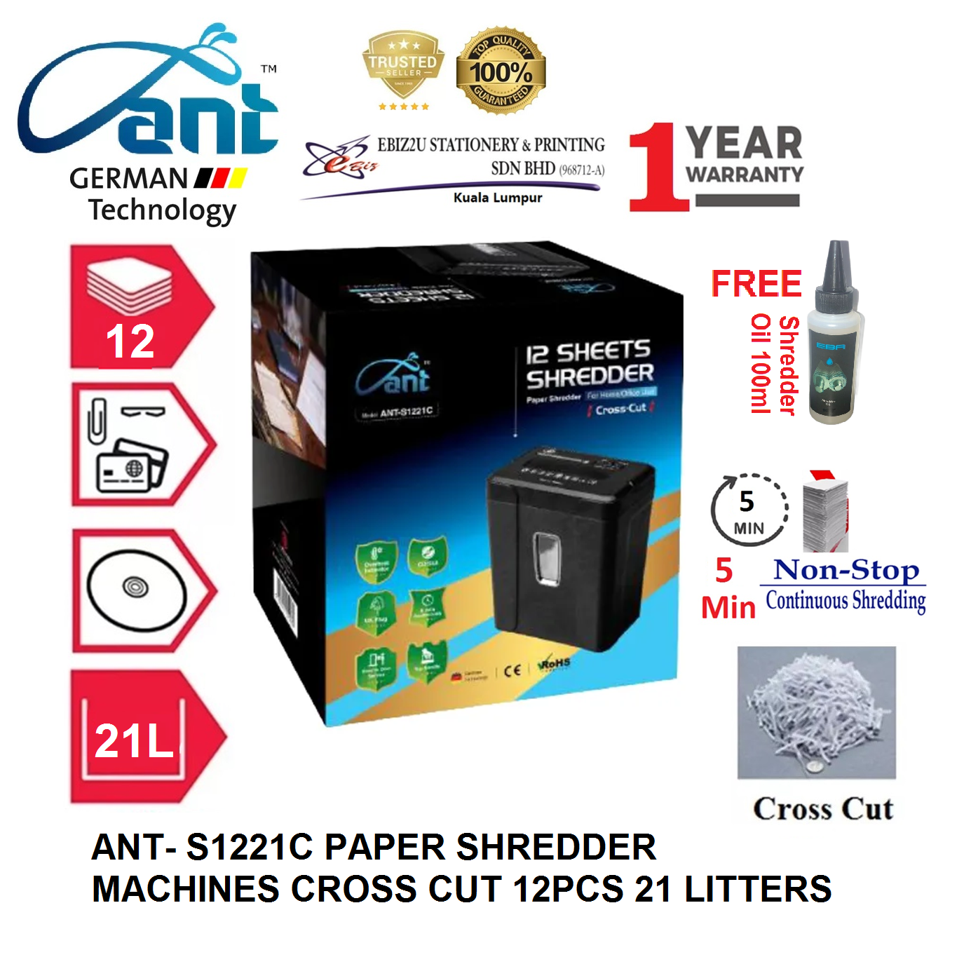 ANT- S1221C replace P28 Paper Shredder (Straight Cut) - 8 sheets (15 Liters) Paper Shredder, Shredder Machine, Office Shredder, personal shredder, home shredder, Mesin Penghancur Kertas)