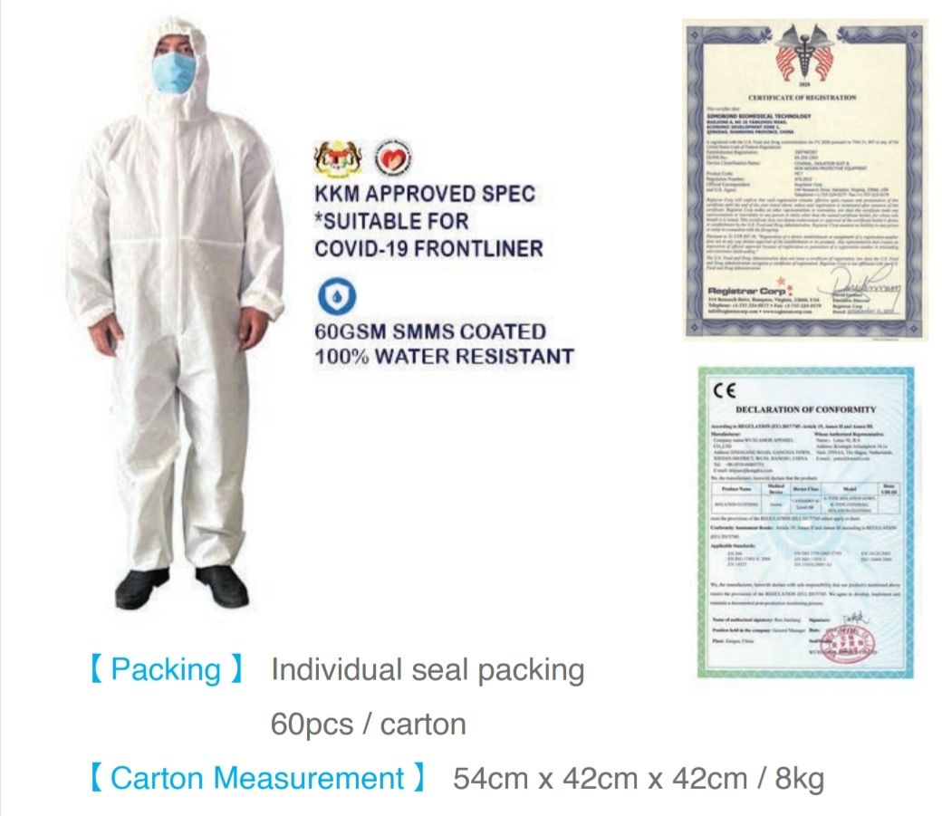 Medical coverall isolation suit (SMMS coated 60gsm), KKM approved