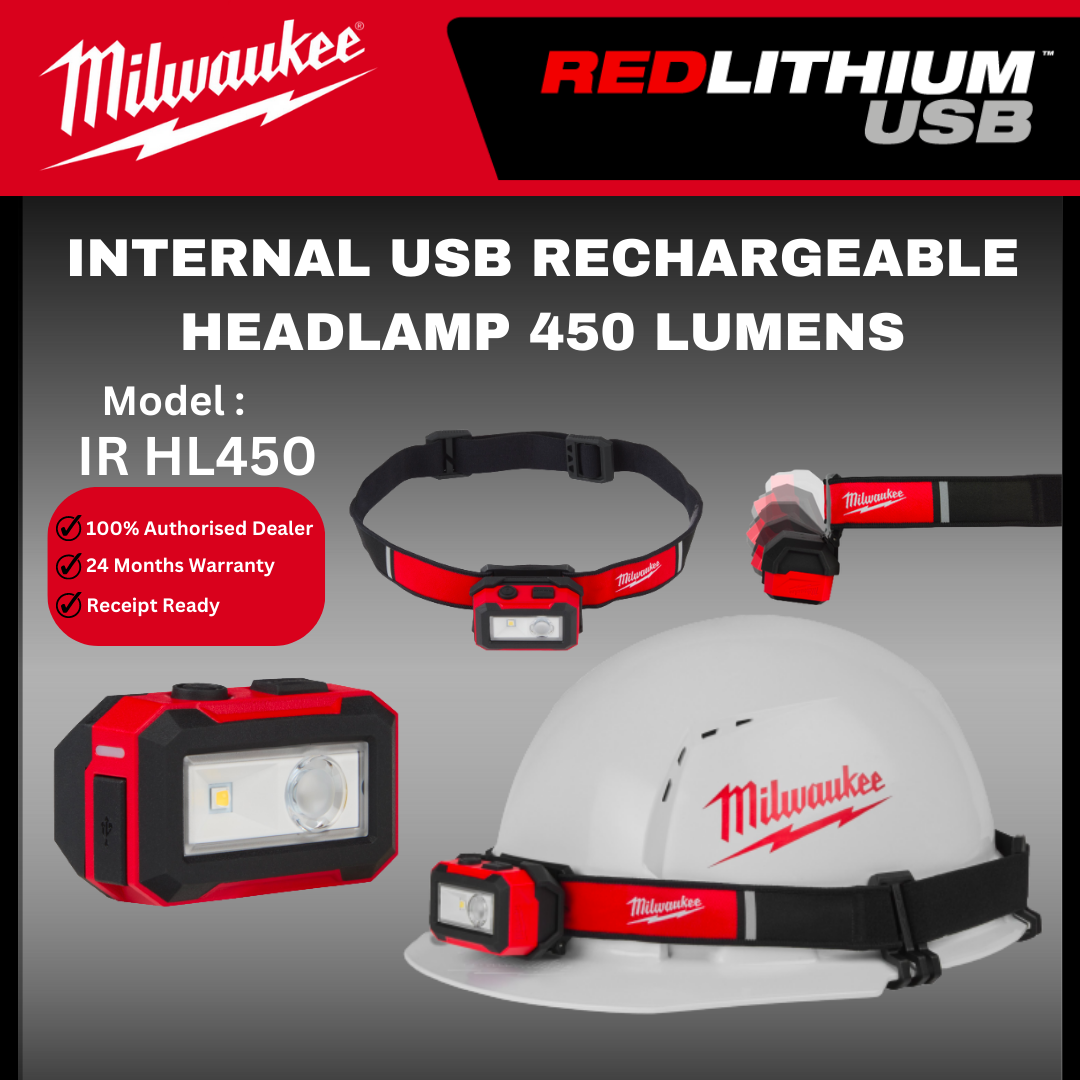 Milwaukee INTERNAL USB RECHARGEABLE HEADLAMP 450 LUMENS / IR HL450 / Lampu Kerja / Working Light / Head Light / Work Light / Milwaukee Light / Milwaukee Lampu