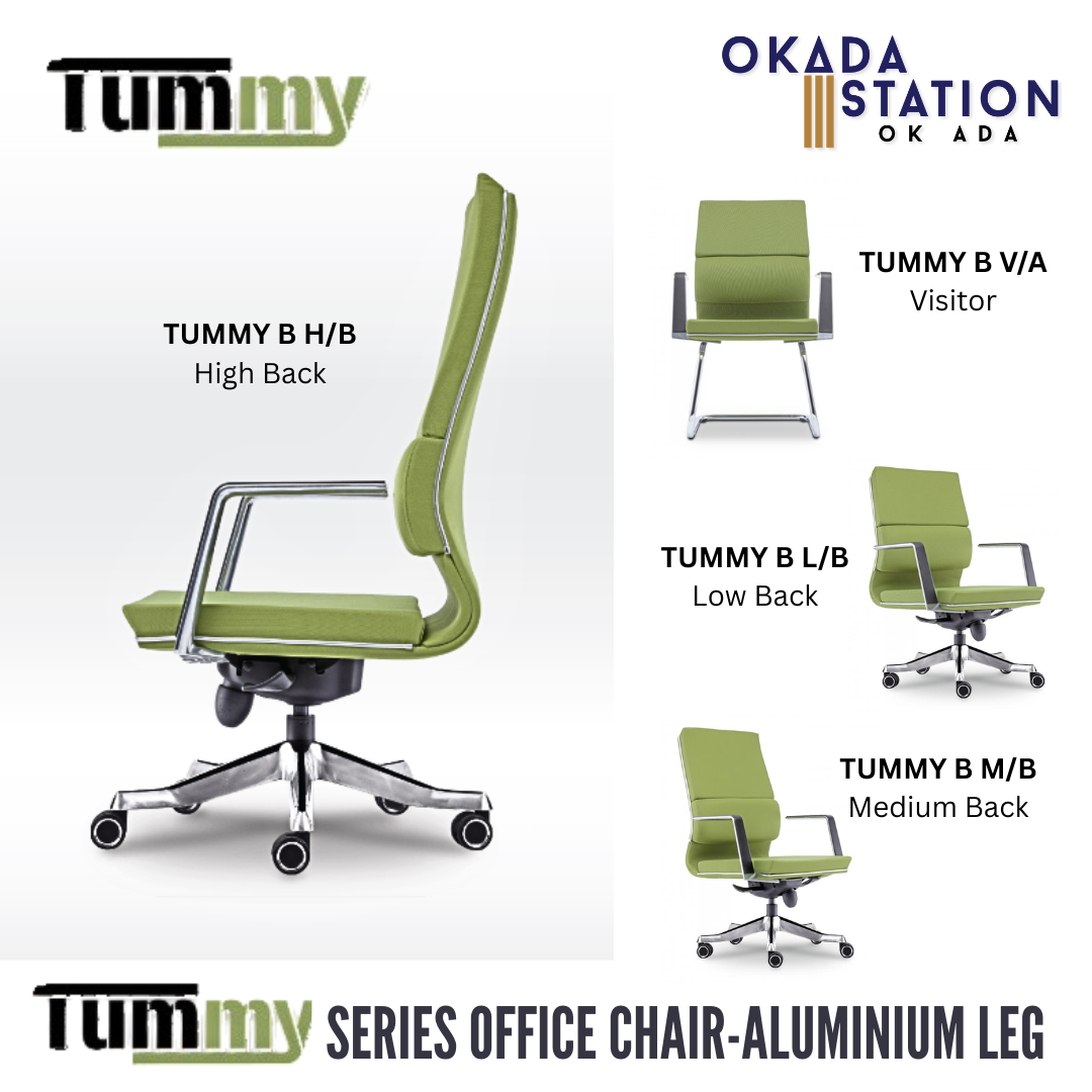 TUMMY B ERGONOMIC OFFICE CHAIR - ALL SIZE / CHROME SERIES / OFFICE CONFERENCE CHAIR / OFFICE SWIVEL CHAIR / ERGONOMIC CHAIR / EXECUTIVE CHAIR / DIRECTOR CHAIR / OFFICE CHAIR / ALUMINIUM BASE / FABRIC / PU LEATHER / TUMMY B