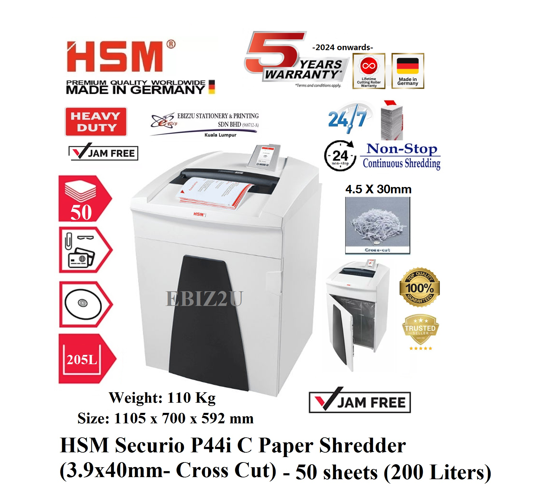 HSM Securio P44i C Paper Shredder (3.9x40mm- Cross Cut) - 50 sheets (200 Liters) (Non Stop, Cross Cut, Paper Shredder, Shredder Machine, Office Shredder, Mesin Penghancur Kertas, Heavy Duty Shredder, Heavy Duty Paper Shredder)