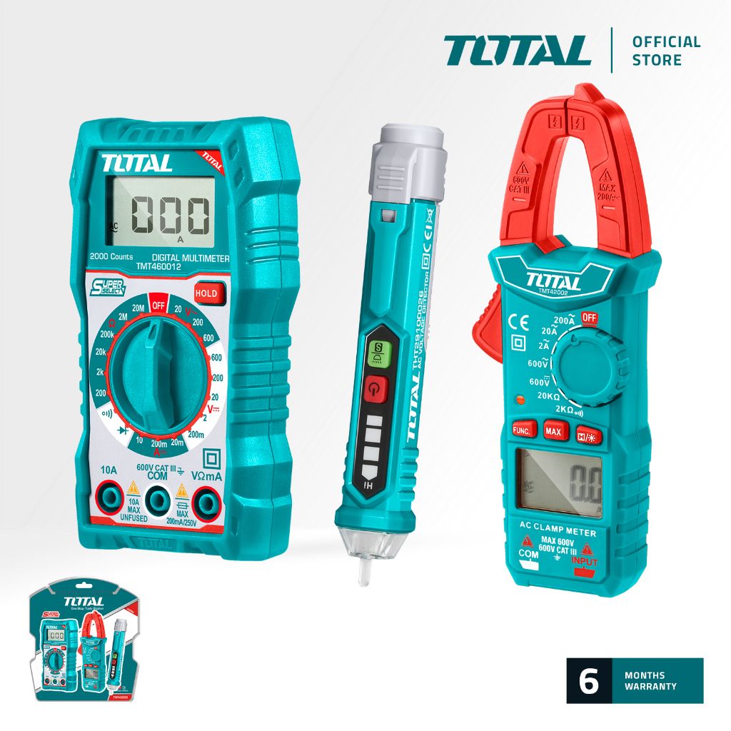 TOTAL ELECTRICAL TEST KIT WITH DIGITAL AC CLAMP METER AC VOLTAGE DETECTOR DIGITAL MULTIMETER & BATTERIES TMT43028