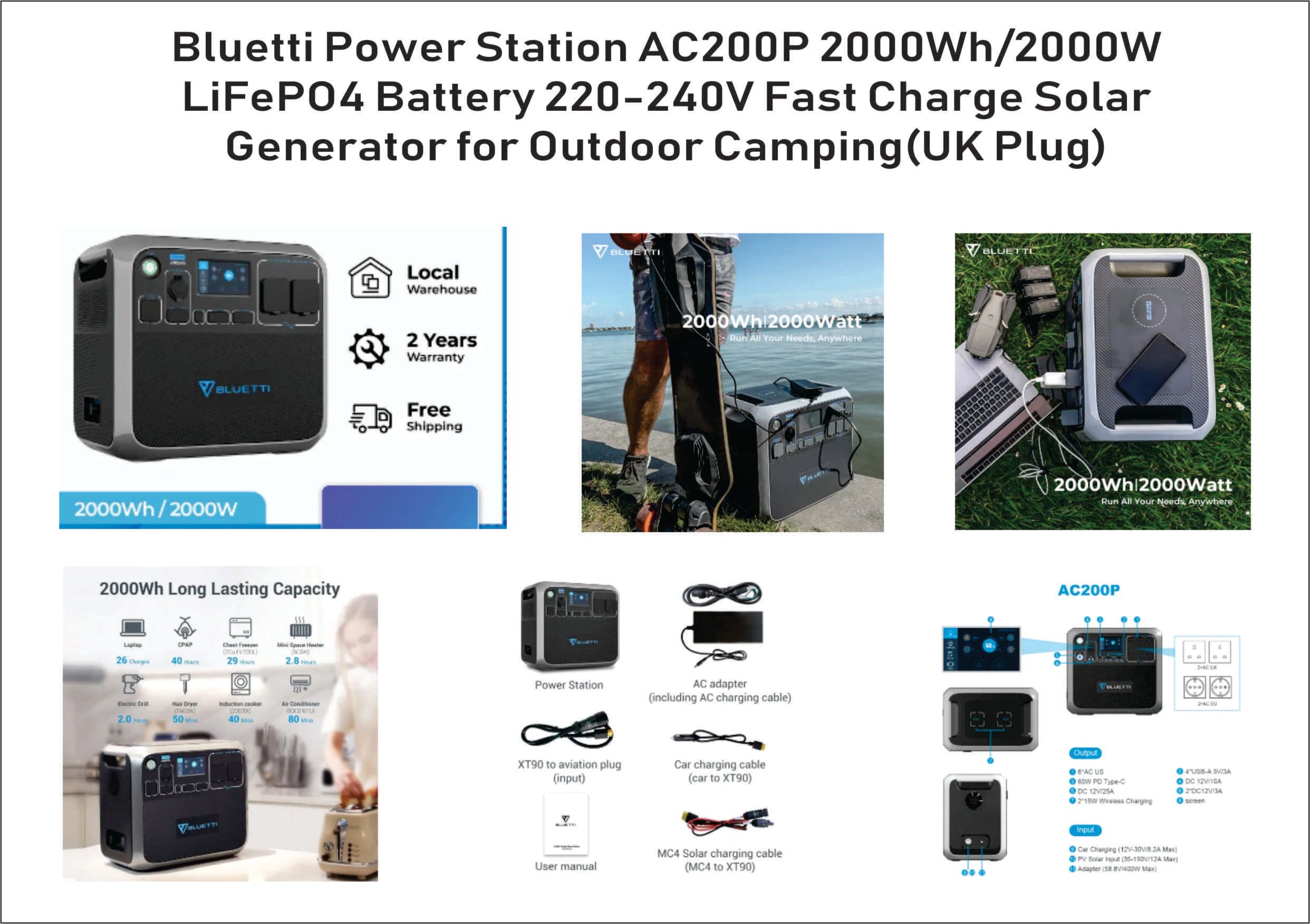 Bluetti Power Station AC200P 2000Wh/2000W LiFePO4 Battery 220-240V Fast Charge Solar Generator for Outdoor Camping(UK Plug)