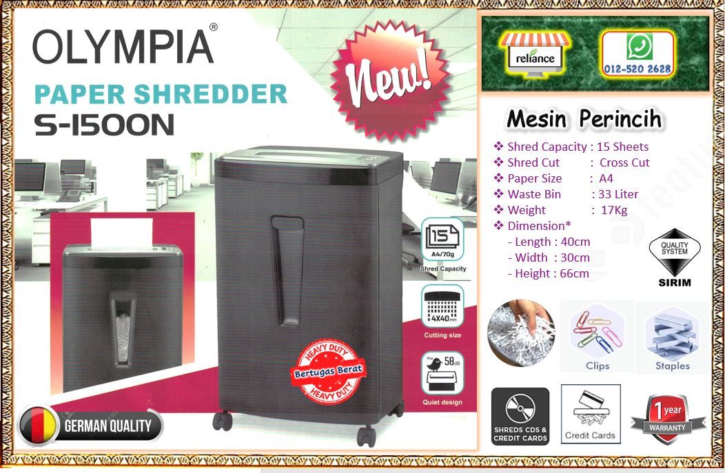Olympia Paper Shredder S-1500N (A4) / Mesin Perincih Kertas # Bertugas Berat # Potongan Kapasiti - 15 Keping # Crosscut # Potongan CDs / Kad Kredit / Klip Kertas / Produk Jerman # Jaminan : 1 Tahun # RS2354 ( KTT : 1 Uint )