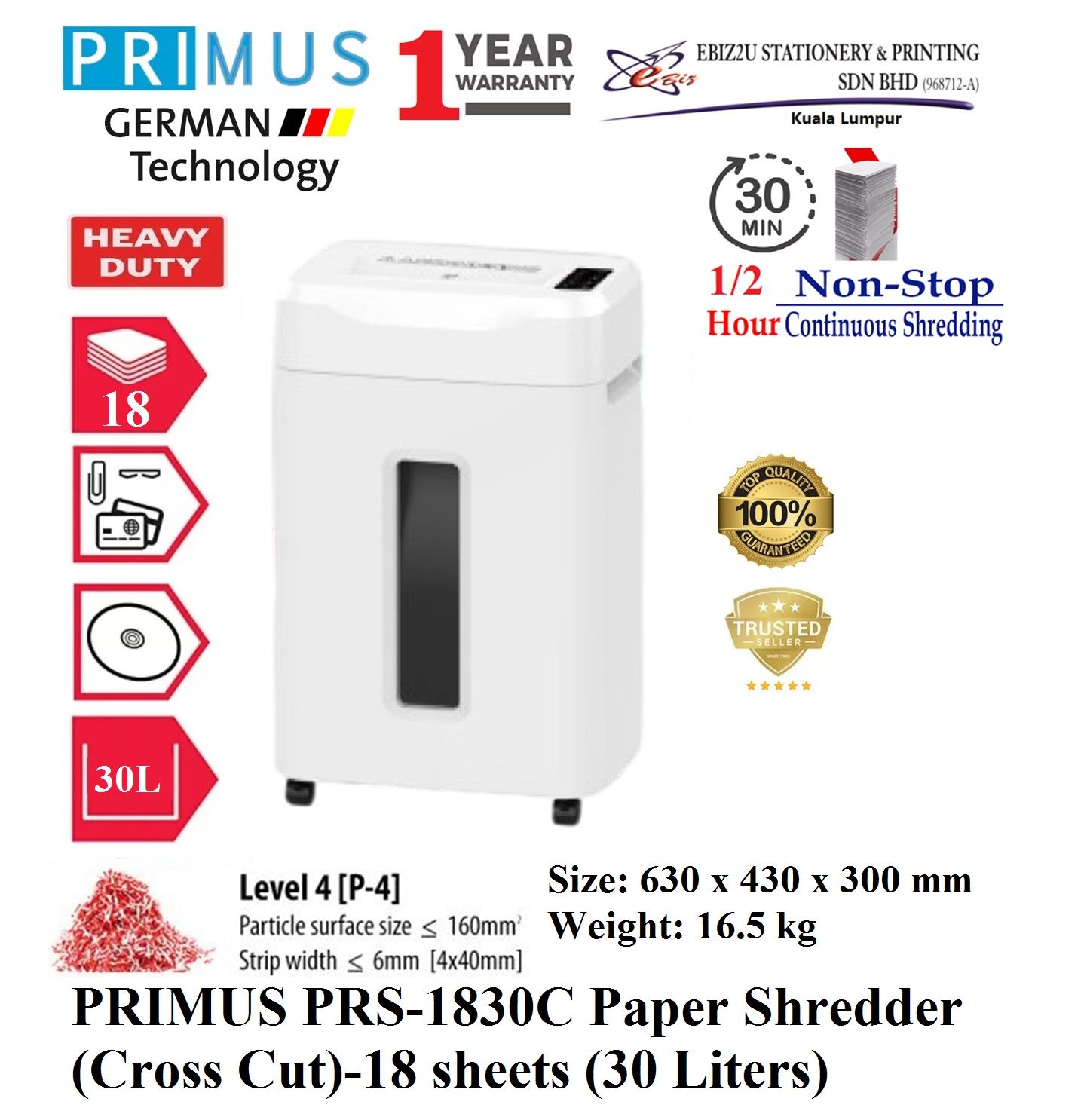 PRIMUS PRS-1830C Paper Shredder (Cross Cut)-18 sheets (30 Liters) Cross Cut, Paper Shredder, Shredder Machine, Office Shredder, Heavy Duty Shredder, Mesin Penghancur Kertas)