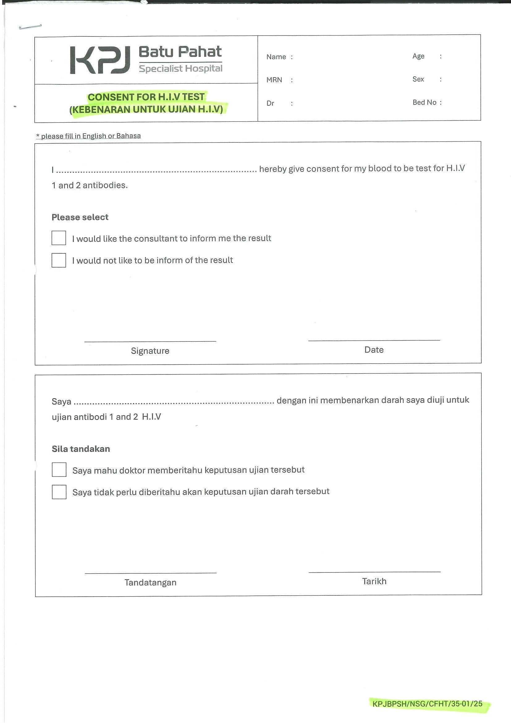 Consent For H.I.V Test (Kebenaran Unttuk Ujian H.I.V)