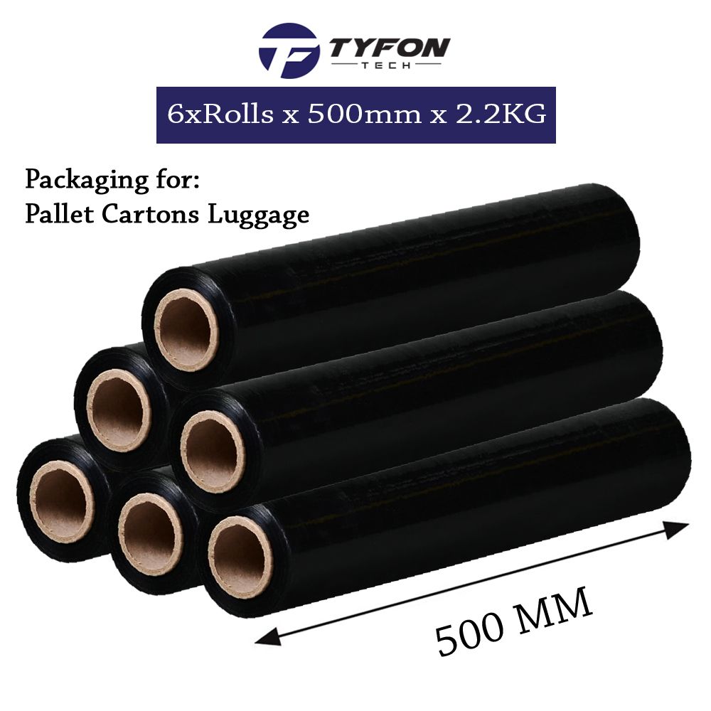 6x Rolls/Carton Stretch Film (Black) 500mm X 2.0KG - Core 200g Packaging for Pallet Cartons Luggage