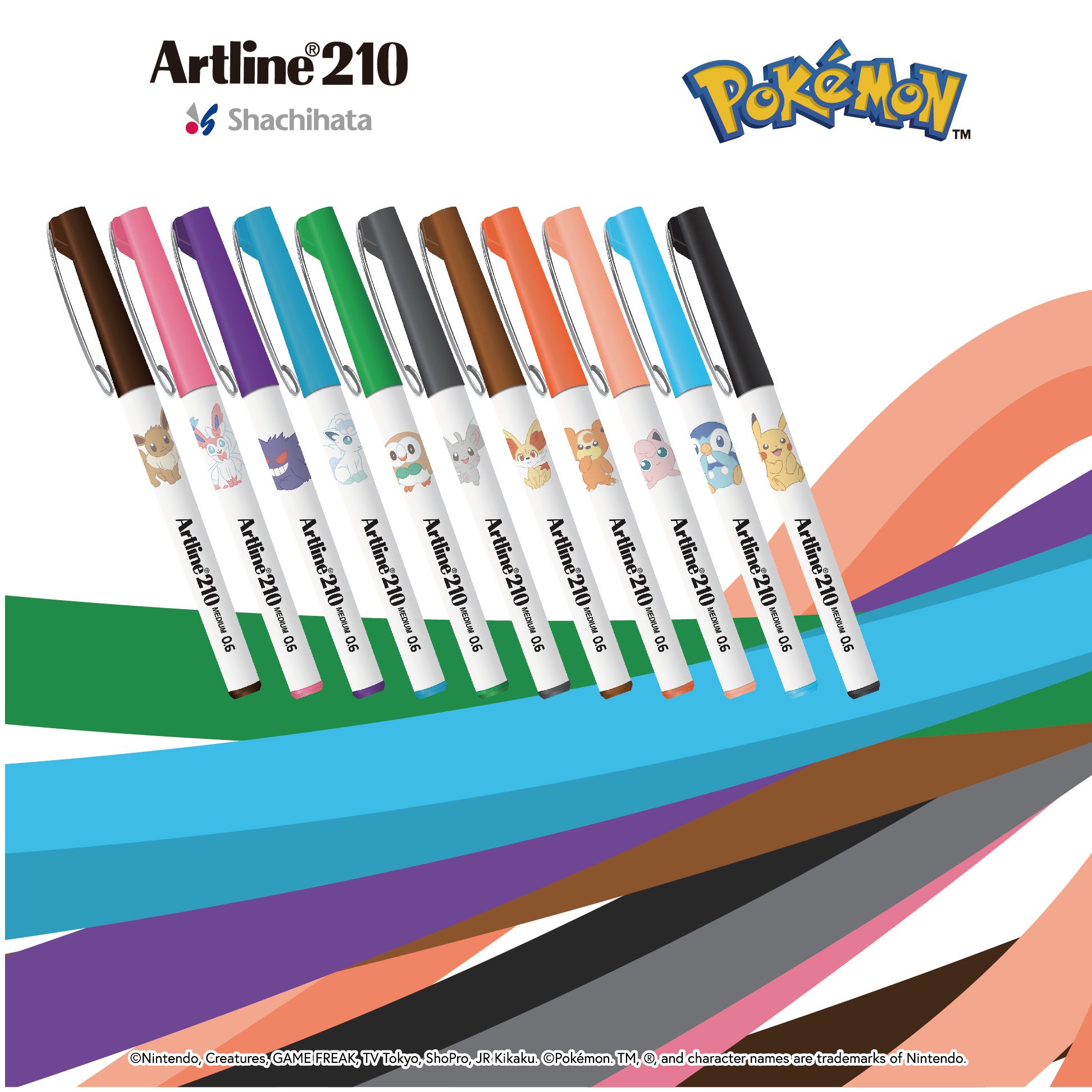 Artline 210 Writing Pen (Pokémon edition) Box Set (12pcs) - Medium Line 0.6mm | 11 Colours | Pokemon  Brown (Fennekin)