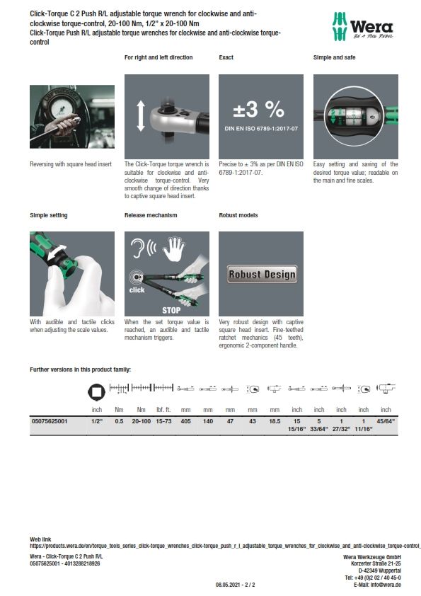 Wera 1/2 in Square Drive Mechanical Torque Wrench, 20-100Nm 450 x 60 x 60mm