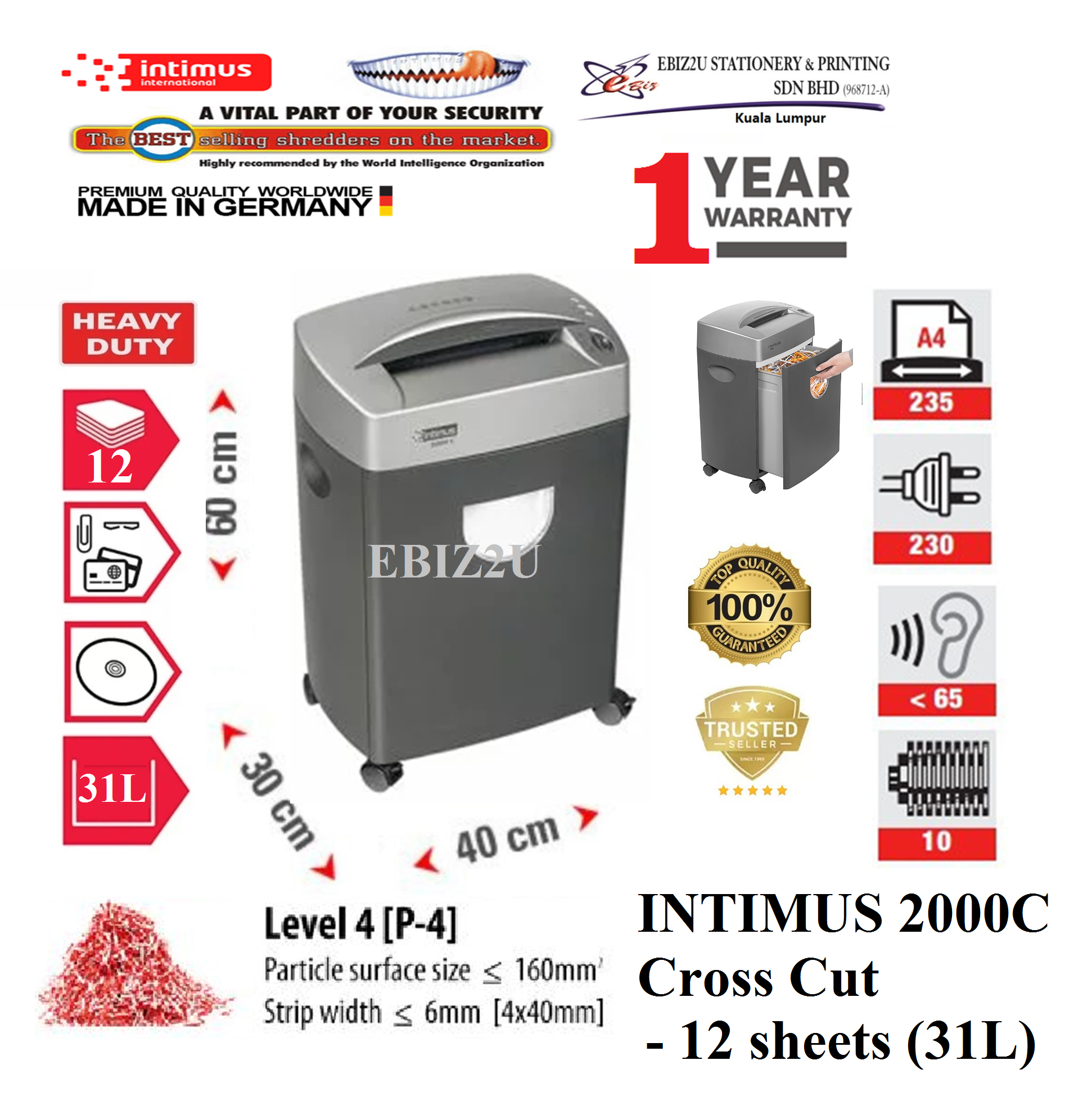 INTIMUS 2000C Paper Shredder (Shred Capacity: 11 Sheets, Cross Cut: 3.8x48mm, Bin Capacity: 31 Liters)_Made in Germany