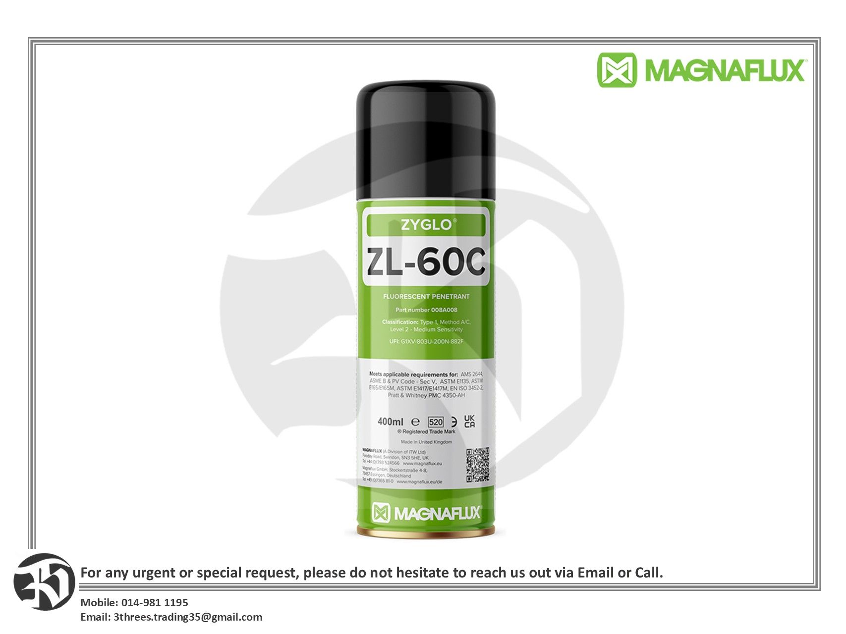 Magnaflux Zyglo ZL-60C Aerosol Level 2 Water Washable Fluorescent Penetrant (400ml)