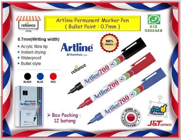 Artline 700 Permanent Marker Pen - 0.7mm / Artline Maker Pen / Artline Permanent Marker 700 # Bullet Point 0.7mm # Smooth Writing # Waterproof # RS1669 ( KTT : 1 Batang )