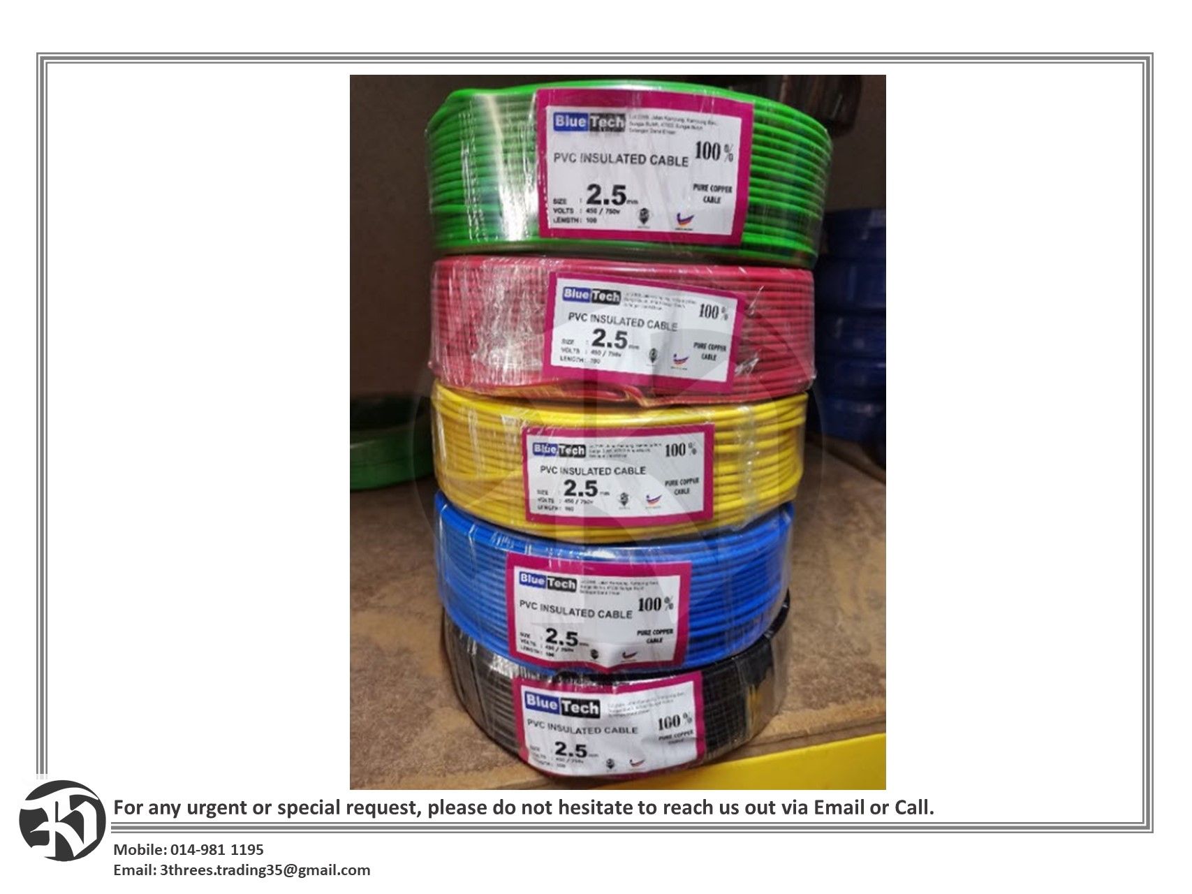 Blue Tech 2.5mm PVC Insulated Copper Cable 100M (Sirim Approved)