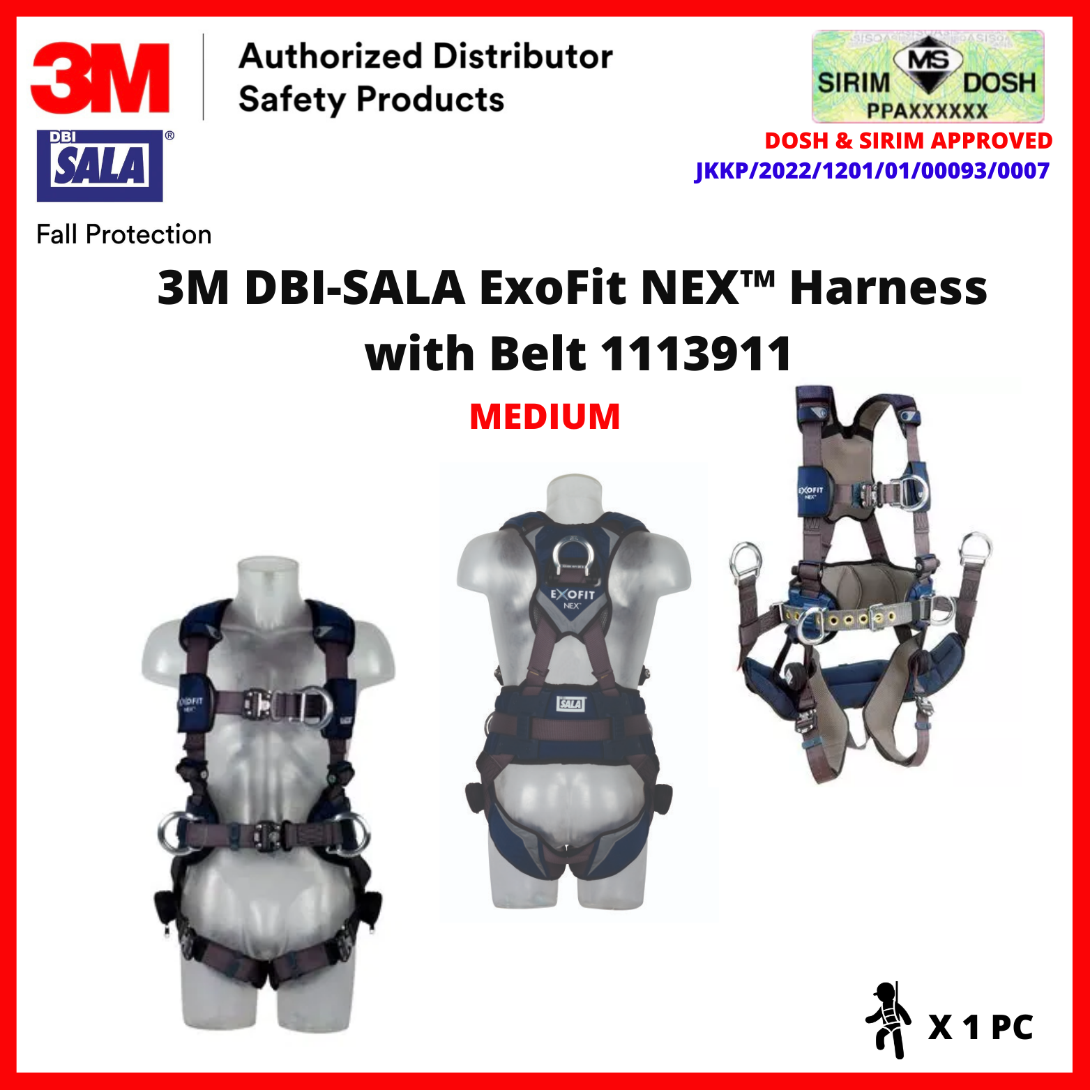 3M 1113911 SIRIM AND DOSH APPROVED. 3M™ DBI-SALA® DBI-SALA®ExoFit NEX™ Harness with Belt 1113911, Medium