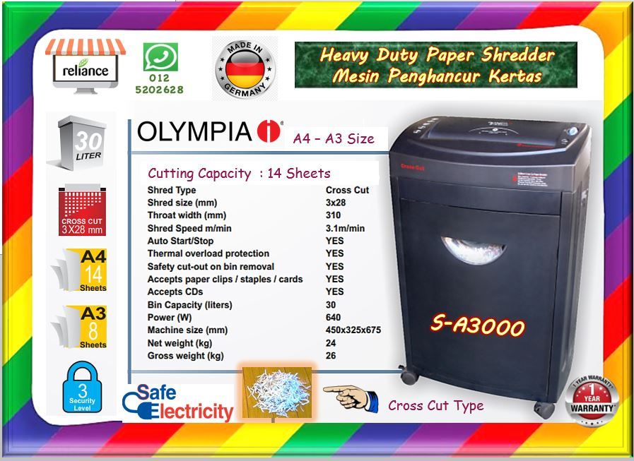 Olympia Paper Shredder Machine (A4-A3) *S-A3000 / Mesin Shredder / Mesin Perincih # Mesin Penghancur Kertas # 14 Sheets Cutting # Cross Cut # Heavy Duty # 30 Liter Waste Bin # Buatan Germany # 1 Tahun Jaminan # RP1856 ( KTT : 1 Unt )