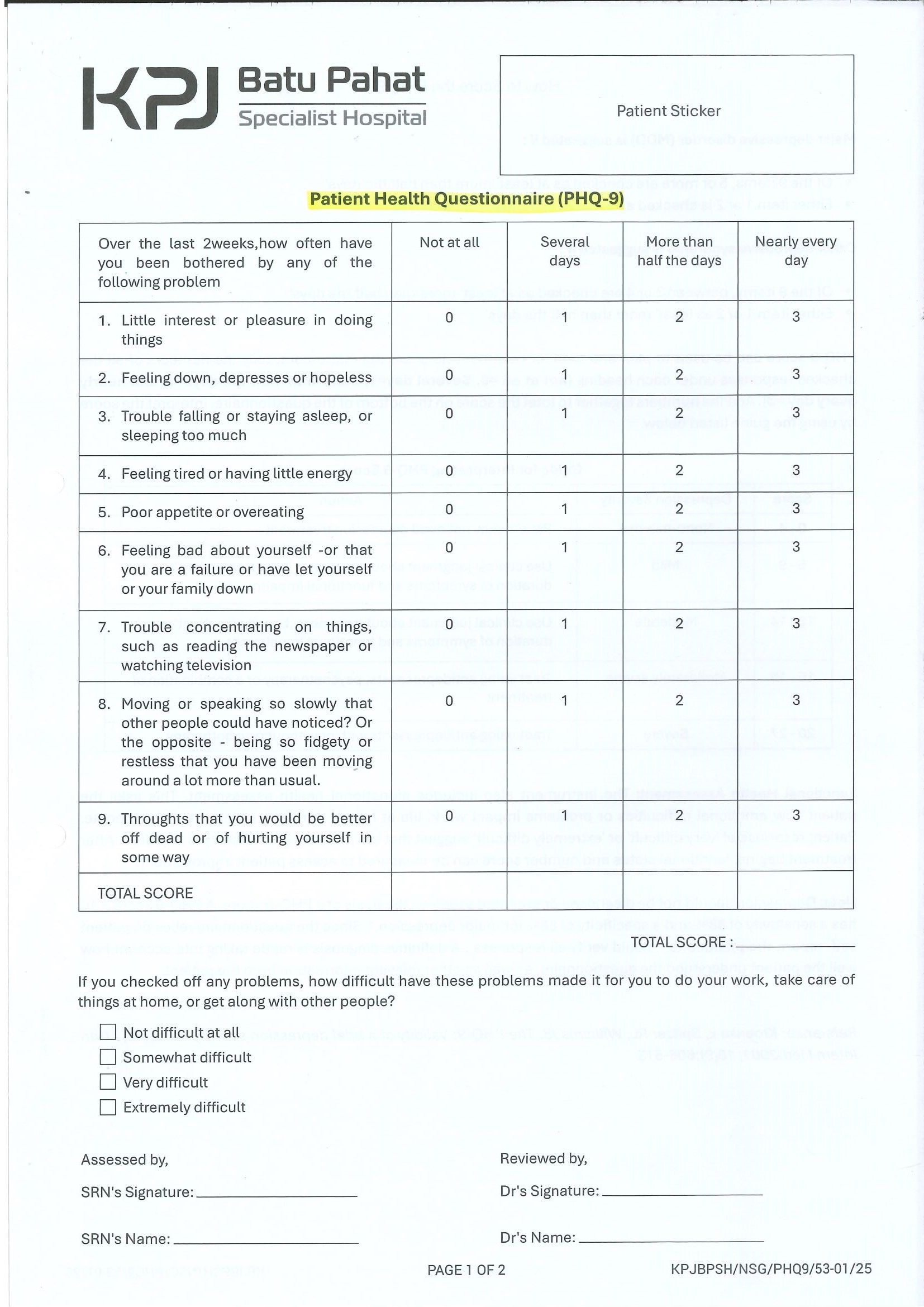Patient Health Questionnaire (PHQ-9)