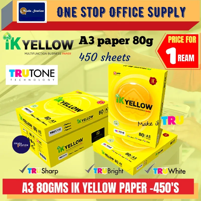 A3 80GMS IK YELLOW PAPER - 500 SHEET / IK YELLOW / A3 PAPER / 80G / 500SHEETS / WHITE PAPER / PHOTOSTAT PAPER