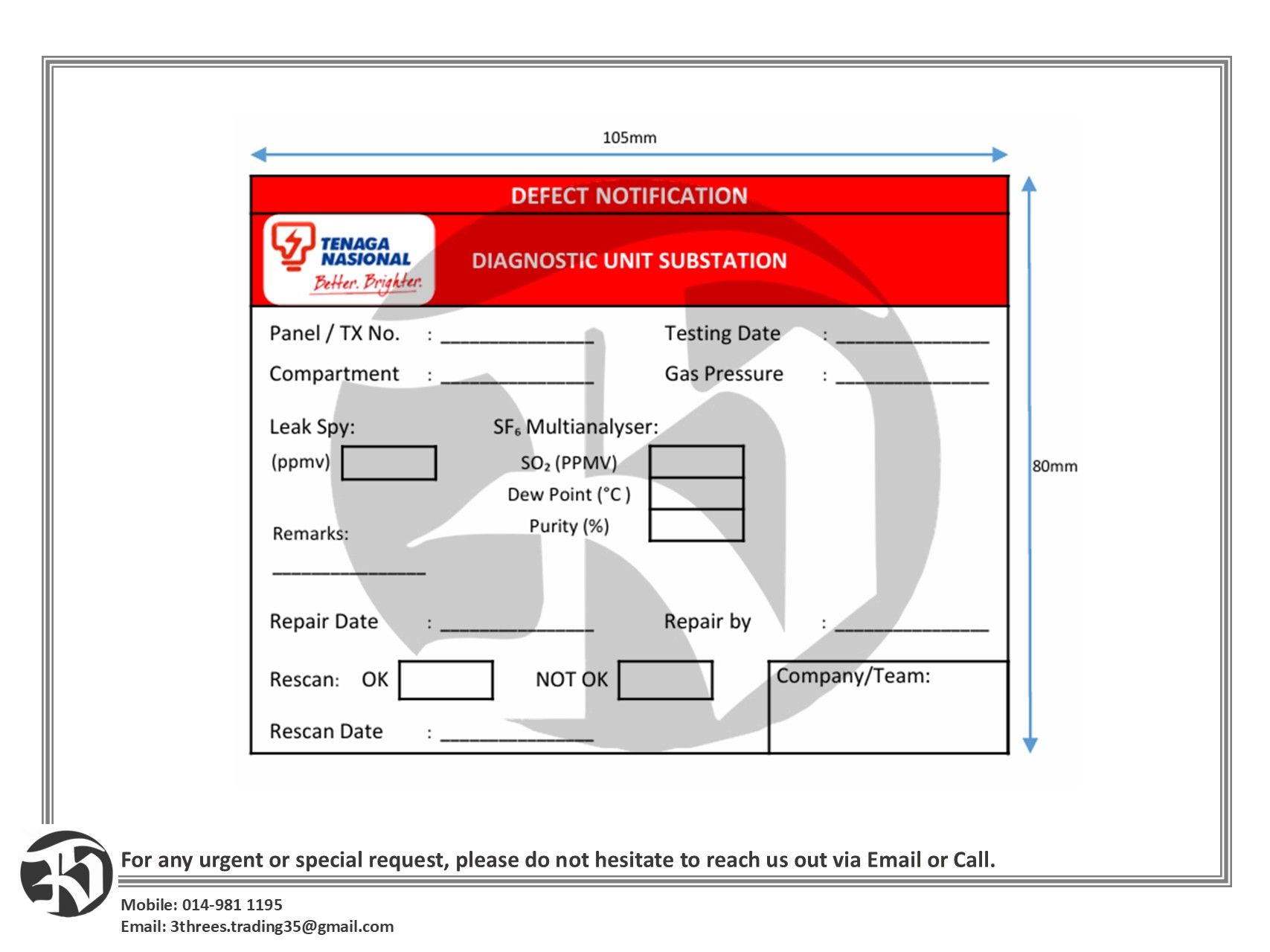 TNB Custom Sticker 105mm x 80mm (Defect Notification-SF6)