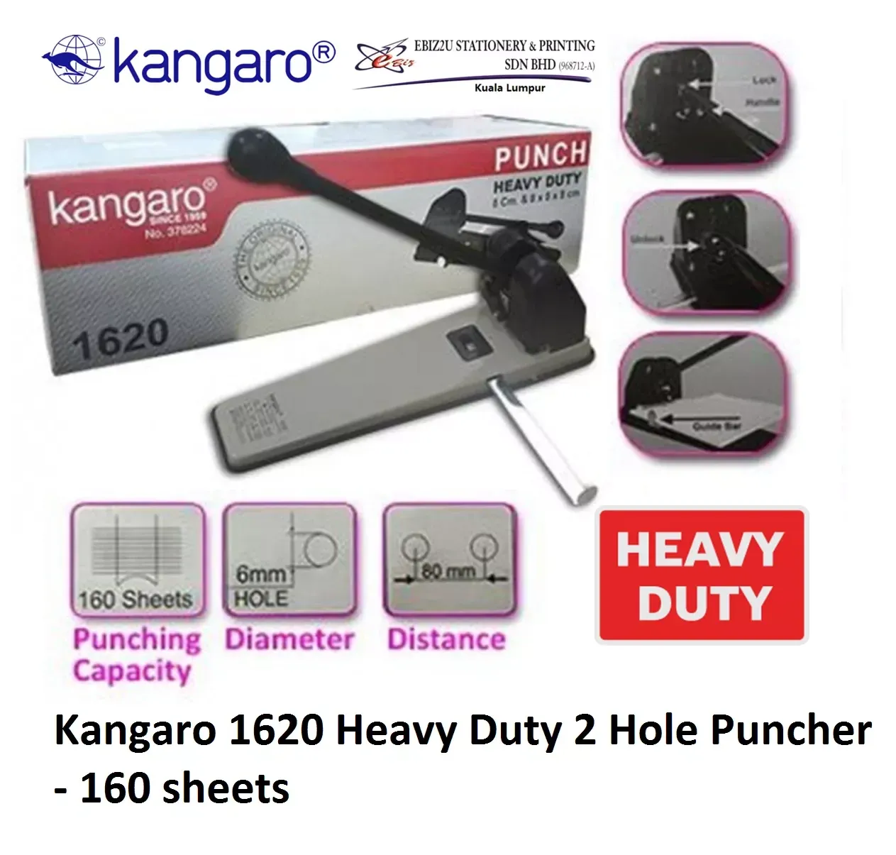 Kangaro 1620 Heavy Duty 2 Hole Puncher - 160 sheets (penumbuk, puncher paper, 2 Hole Puncher, heavy duty puncher)