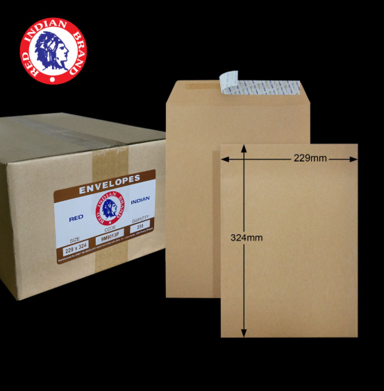 9"X12.75" RED INDIAN 90GM BROWN MANILA P&S POCKET ENVELOPE (250'S X 4 BOXES)