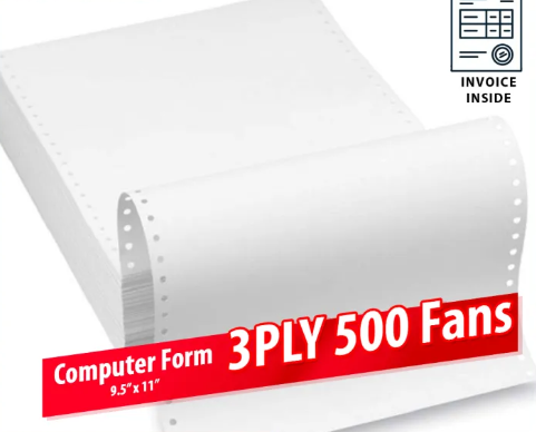 Computer Form NCR Paper - 9.5" X 11" / All White 3Ply / 500 Fans - High Quality Paper