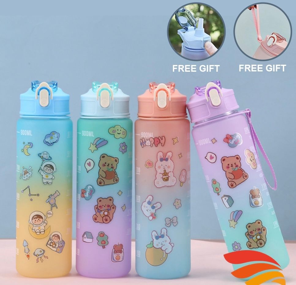 Cute Portable Time Scale Bottle Free 3D Stickers 900ml Water Bottle with Straw